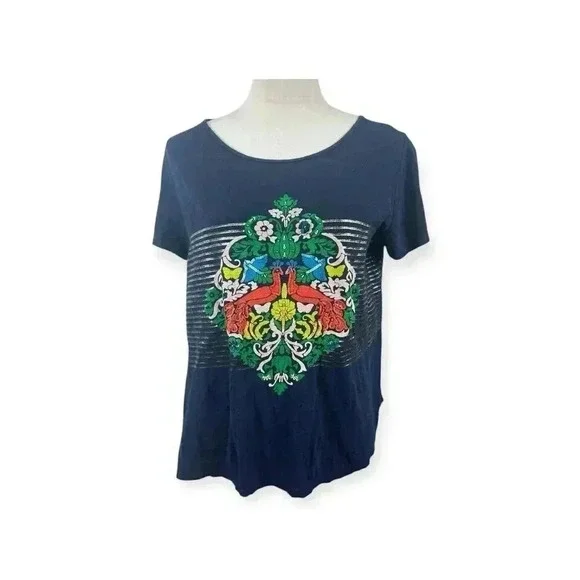 Crown & Ivy Navy Blue Peacock Top With Sequins Size XL - Picture 1 of 7